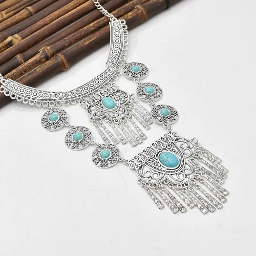 Bethynas Bohemian Ethnic Tribal Chunky Necklace Multilayer Long Tassel Turquoise Statement Neck Chain Retro Coin Gemstone Exaggerated Costume Accessories for Women - color: C-Blue
