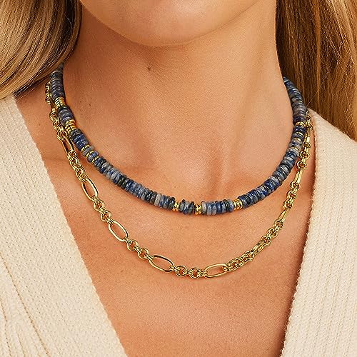 KissYan Boho Beaded Choker Necklace for Women, Gemstone Choker Natural Stone Freshwater Pearl Surfer Necklaces 14K Gold Plated Summer Beach Handmade Jewelry - color: D-Blue Aventurine