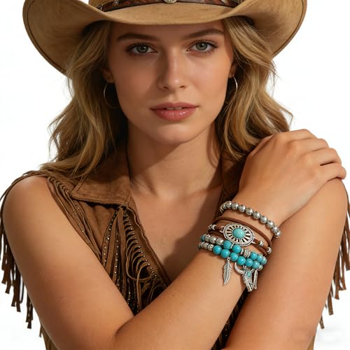 Turquoise Beaded Stretch Bracelets Bohemian Stackable Bracelets Y2K Summer Beach Bracelets Jewelry for Women - color: Stackable-Western