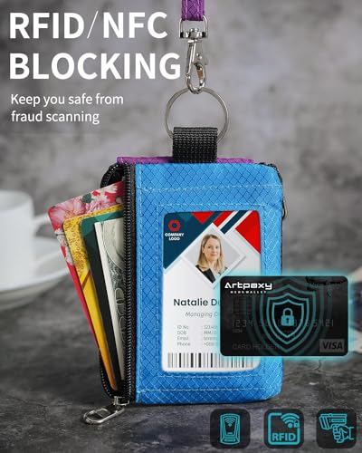 Artpaxy Minimalist Wallet For Mens Womens, Keychain RFID Blocking Zipper Small Wallet with ID Window 2 Lanyards,Water Resistant Travel Cash Card Coin Case Boys Girls - color: Sky blue+Purple, style: Casual