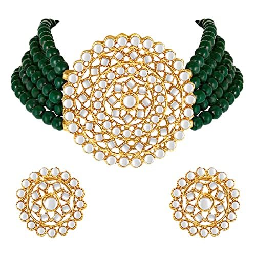 Aheli Pearl Diamond Choker Necklace & Round Earrings Gift for Women Indian Traditional Bollywood Fashion Bharatanatyam jewellery set - color: Green 3