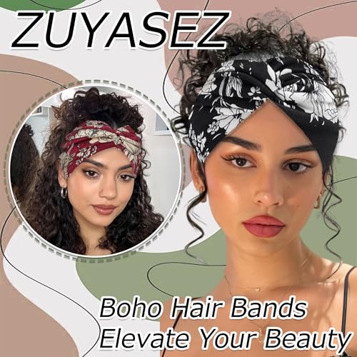 6 Pack Boho Headbands for Women Wide Twist Knotted Flowers Head Wraps Turban Stretchy Leopard Hair Bands Elastic Non-Slip Workout Head Wraps Accessories - color: Boho Flowers