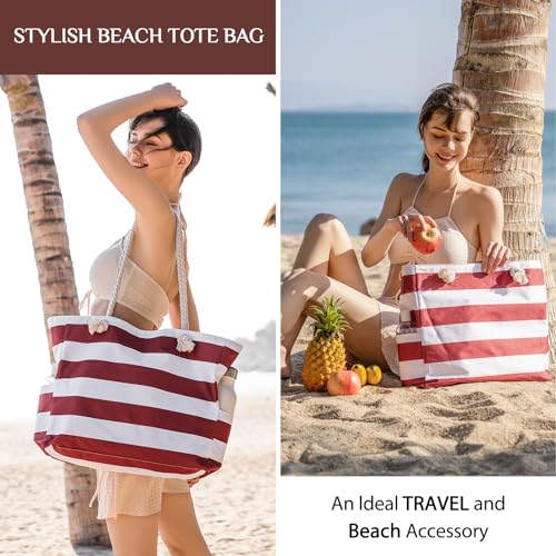 Clothirily Beach Bag for Women - Large Beach Tote Bag, Waterproof Sandproof Beach Bag with Zipper, Large Swim Pool Beach Tote - color: Red