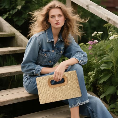 RNIEGA Straw Clutch Handbags Summer Clutch Woven Boho Beach Bags Straw Purses for Women - color: Khaki