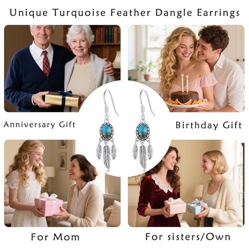 Natural Turquoise Earrings for Women Dangling 925 Sterling Silver Dangle Earrings Western Jewelry Christmas Gift for Sister Mother - style: C-Feather Earrings