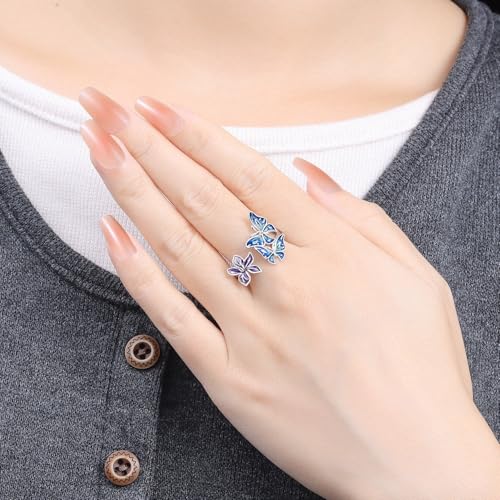 PARCOM Adjustable Women Stackable Ring, 925 Sterling Silver Open Rings - Trendy Eternity Cubic Zirconia Stackable Band Engagement Promise Ring for Her, Hypoallergenic Non Tarnish Nature Bird Floral Thumb Rings - color: Moonlit Butterfly Iris