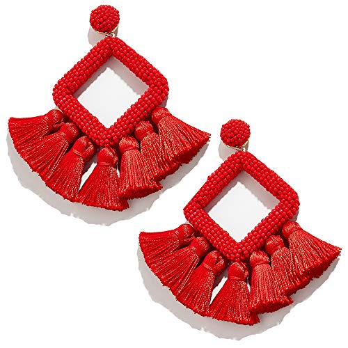 Long Tassel Earrings Statement Bohemian Pom Ball Handmade Drop Dangle Earrings for Women - style: S-Red