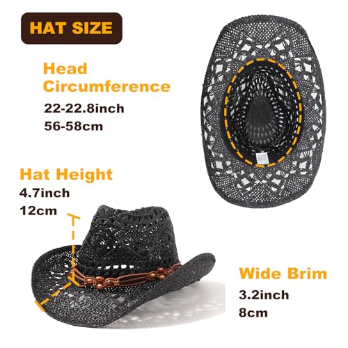 AQOKKA Straw Cowboy Hats for Women Men Western Cowgirl Hats with Shapeable Brim Woven Hollow Out Unisex Beach Roll Up Caps - color: Brown Beads Cowboy Hat : Black
