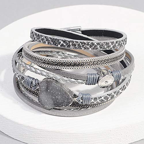 Artilady Leather Wrap Bracelets for Women - Pearl Bracelets Handmade Clasp Bangle Bracelet with Beads Jewelry Gift for Women and Mother - style: Grey with druzy