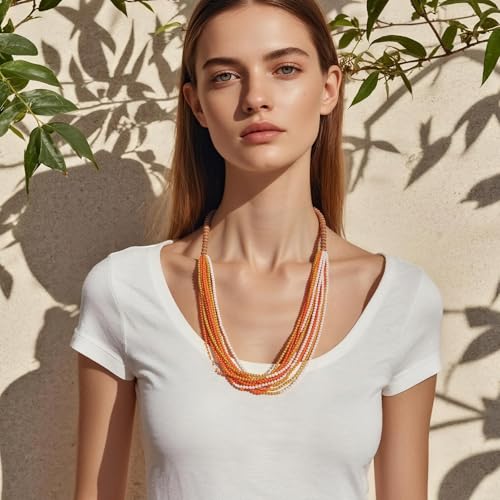Coiris Chunky Statement Necklaces for Women Boho Multi Long Layered Strand Beaded Necklace for Women Handmade Crystal Beach Jewelry Gift - color: Orange
