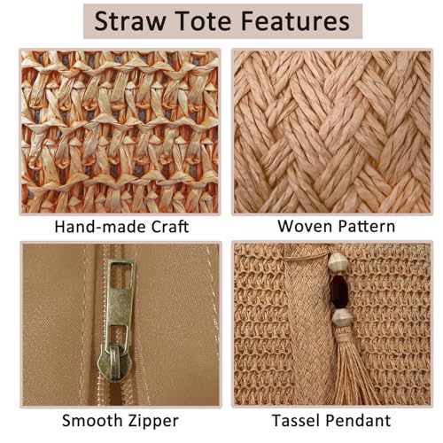 Large Straw Beach Tote Bags For Women Woven Boho Handmade Shoulder Handbags for Summer Vacation Travel with Tassels - color: Khaki