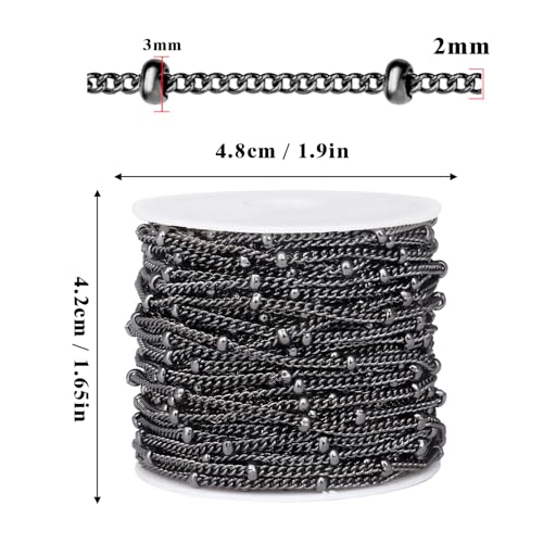 33 Feet Gunmetal Satellite Curb Chain Roll, 2mm 304 Stainless Steel Black Ball Beaded Twisted Link Chains Spool Bulk for Jewelry Making DIY Craft - color: Black Small Beads Satellite Curb Chain