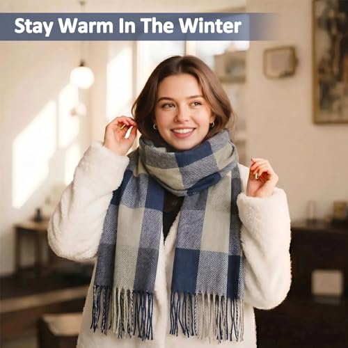Loritta Womens Scarf Fashion Long Plaid Shawls Wraps Big Grid Winter Warm Lattice Large Scarves Gifts - color: F-blue Grey Lattice