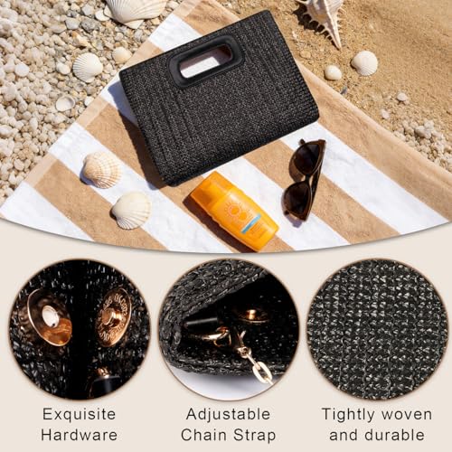 Beach Clutch Bag Straw Summer Clutch Purses for Women Handmade Woven Purse Detachable Gold Chain, Crossbody - color: Black