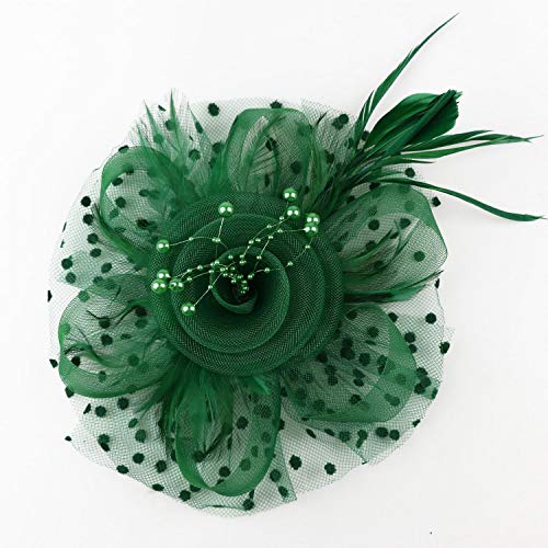 DRESHOW Fascinators Hat Flower Mesh Ribbons Feathers on a Headband and a Clip Tea Party Headwear for Girls and Women - color: 7" Diameter / Emerald Green