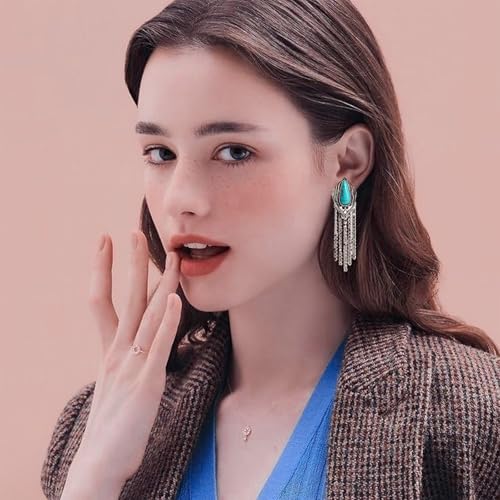 Boho Turquoise Drop Earrings Retro Long Copper Feather Tasse Metal Leaf Dangle Earrings Vintage Country Western Jewelry Cowgirl Ethnic Style Geometric Concert Festival Accessories for Women - color: Silver