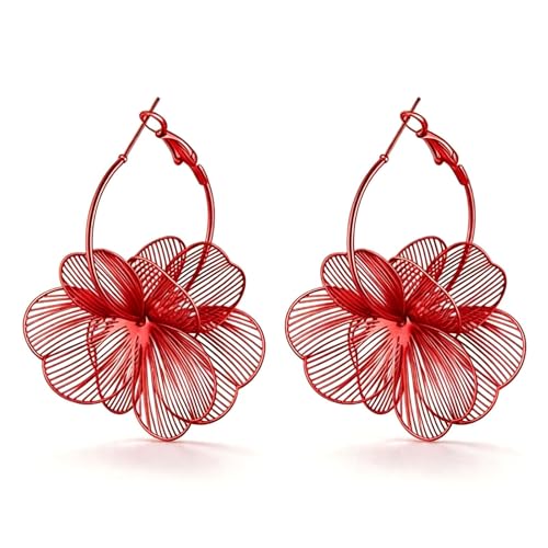 Gold Flower Statement Earrings for Women Boho Trendy Hoop Earrings Floral Dangle Petal Earring Prom Wedding Jewelry Gifts - color: A6:red