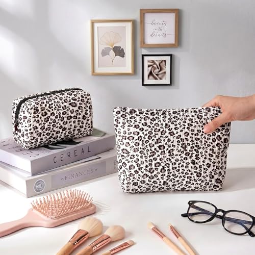 Aliceset 2 Pcs Leopard Makeup Bag Cosmetic Pouch Set Large Travel Toiletry Bag Aesthetic Cotton Zipper Organizer for Women Gift Beauty Essentials(Black Leopard)