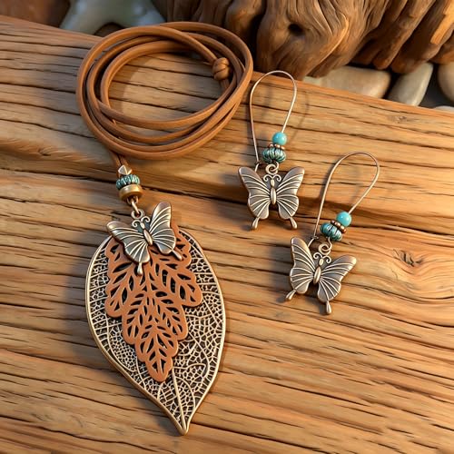 Wooden Leather Necklaces Set Bohemian Wood Stack Discs Long Chain Hemp Rope Bronze Plated Pendant Ethnic Tribal Fall Leaf Earrings Jewelry Statement Necklace - color: R-030