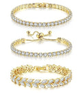 GEMOSA 3 Pcs Tennis Bracelet Set 14K Gold Plated Marquise Cubic Zirconia CZ Diamond Dainty Adjustable Silver Bracelets for Women Brides Stackable Fashion Jewelry Wedding Prom Gift - color: Gold-White CZ