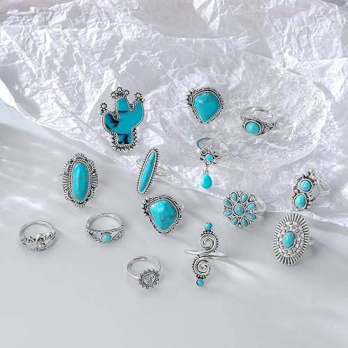 Boho Turquoise Ring for Women Silver Western Stackable Knuckle Rings Vintage Cactus Flower Midi Finger Ring Statement Jewelry Gifts - color: 14