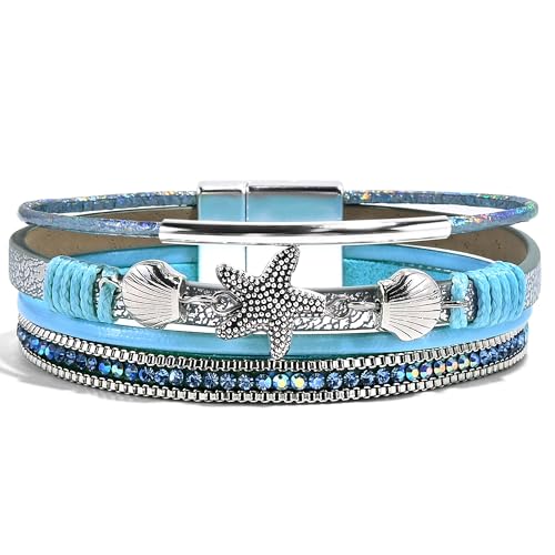 VIBILIA Boho Leather Wrap Bracelets for Women Multi-Layer Bracelets with Strong Clasp Jewelry for Women - color: 04-ShellStarfish-Blue