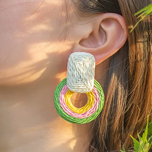 Statement Raffia Earrings Cute Boho Earrings Rattan Dangle Earrings Handmade Straw Wrap Earrings Summer Drop Dangling Earrings for Women Teen Girls - color: Green/Pink/Yellow