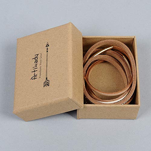 Artilady Leather Wrap Bracelets for Women - Pearl Bracelets Handmade Clasp Bangle Bracelet with Beads Jewelry Gift for Women and Mother - style: Light Brown with Gold bar