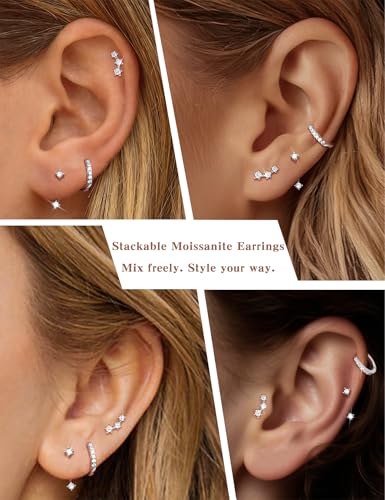 Moissanite 925 Sterling Silver Flatback Stud Jacket Earring Stacks 3 Pairs | Cartilage Earrings Set Hypoallergenic Trendy Small Earrings Earrings Set Dainty Earrings - color: 18K White Gold