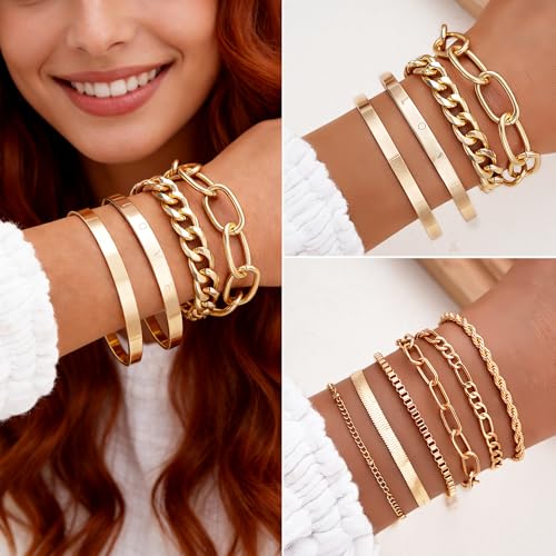 FAXHION 68 Pcs Gold Jewelry Set for Women with 7 Necklace, 17 Bracelet, 5 Hoop Earrings, 15 Stud Earrings, 24 Knuckle Rings for Women Jewelry Set for Women Gift - color: gold hoops set