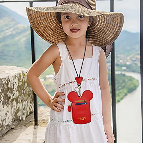 BUUFAN Chic Red Cute Travel PU Leather Student ID Card Holder Lanyard Neck Pouch Bag With Coin Wallet Purse for Students Women Kids Teens Girls - color: RED