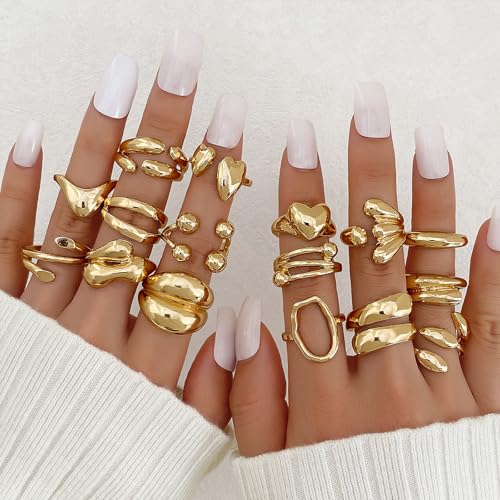 IFKM Gold Chunky Rings Set for Women 14k Gold Plated Thick Dome Stackable Open Rings Trendy Dainty Minimalist Jewelry Gifts - color: Gold, style: 16pcs Encircle