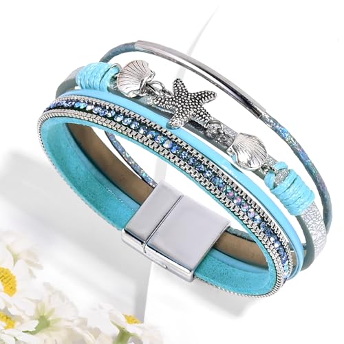 VIBILIA Boho Leather Wrap Bracelets for Women Multi-Layer Bracelets with Strong Clasp Jewelry for Women - color: 04-ShellStarfish-Blue