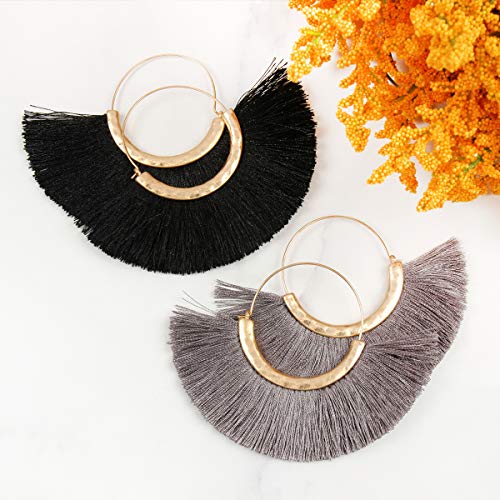 Bohemian Silky Thread Tassel Strand Fringe Statement Hoop Earrings - Lightweight Semi Circle Fan Threader, Mermaid Hoops - color: Halfmoon Tassel Hoops - Light Blue