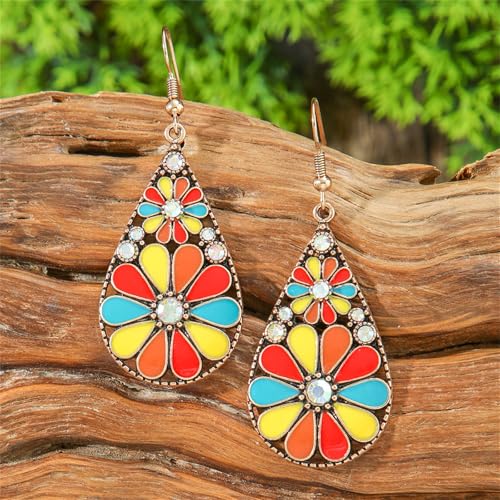 coadipress Bohemian Flower Teardrop Earrings for Women Trendy Vintage Colorful Hollow Out Flower Floral Dangle Earrings Bohemian Handmade Ethnic Statement Jewelry - color: Yellow Red