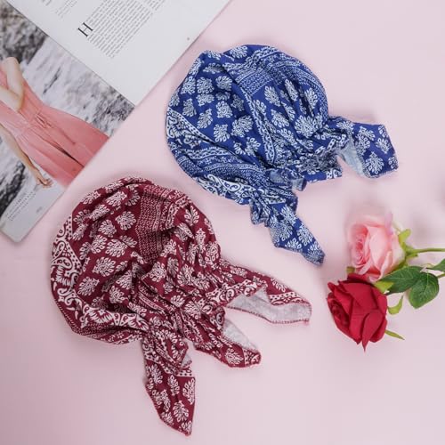 4pcs Pre-Tied Chemo Head Scarf Beanie Covers Cap Head Scarves Sleep Turban Hat Women Bandana with Stretch Print Ruffle - color: Blue