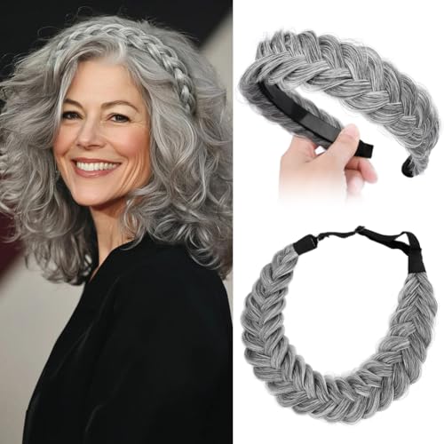 2PCs Braided Headband with teeth Handmade Messy Wide Synthetic Hair Elastic Stretch Fluffy Hairpiece for Brides (Salt Pepper) - color: Salt Pepper