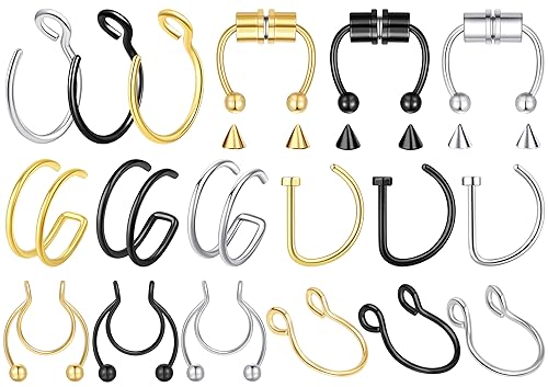 5-18 Pcs Nose Rings Hoops Fake Nose Ring Fake Septum Fake Lip Rings Fake Septum Piercing Fake Nose Piercing Fake Nose Hoop Double Hoop Nose Ring Fake Double Nose Ring Nose Cuffs Faux Nose Rings Clip On Cartilage Hoop Earring - color: C1: 18Pcs Gold Black