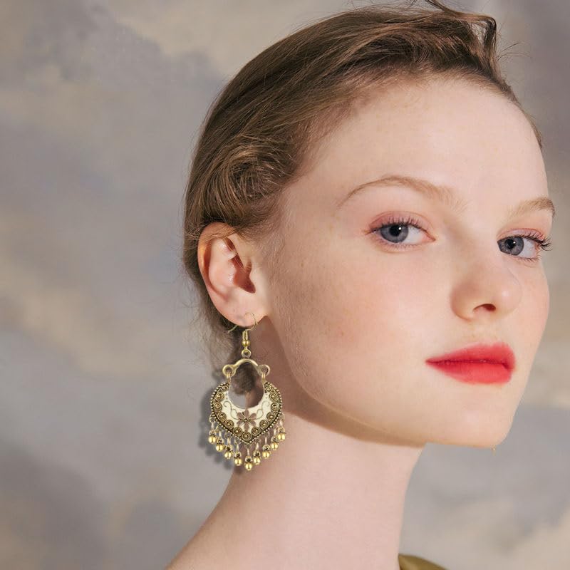 Vintage Boho Statement Drop Dangle Earrings for Women Bohemian Ethnic Handmade Beaded Charms Earring Bohemian Retro Chandelier Tassel Earrings Mexico Gypsy Jewelry Gift - color: Gold-White
