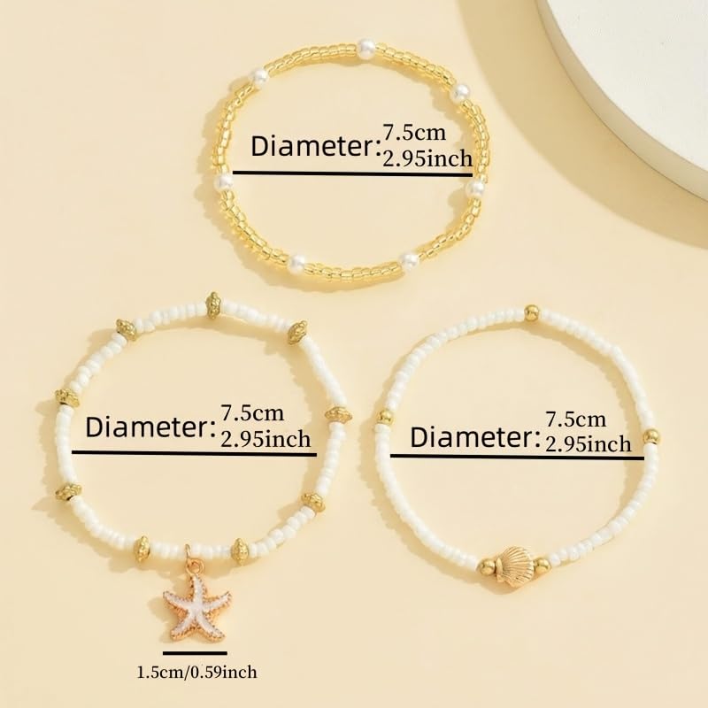 3Pcs Bohemian Beaded Anklet Set for Women, Faux Pearl Shell Starfish Summer Beach Ankle Bracelets, Vacation Holiday Foot Jewelry