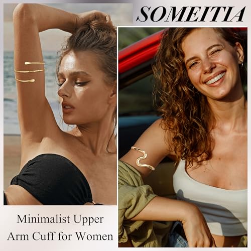 2Pcs Arm Cuff Gold Upper Arm Cuff for Women Adjustable Upper Arm Bracelets Open Irregular Arm Bangle Minimalist Coil Swirl Armlets Armband Jewelry - style: styleE gold