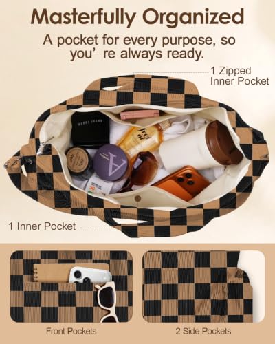 Miss Adola Crossbody Corduroy Tote Bag for Women, Large Tote Bag with Multi-Pockets and Zipper for Travel Work - color: Brown and Black Checkerboard