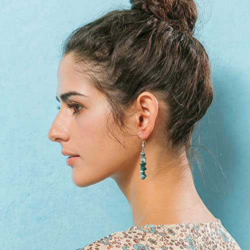 Handmade Bohemian Vintage Silver Nature Stone Beads Long Dangle Drop Earrings for Women - color: Green 1