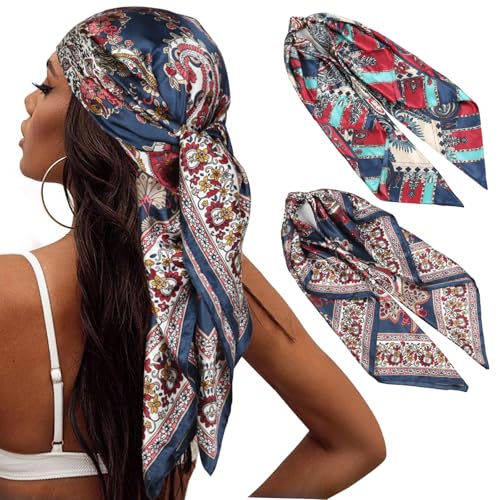 Head Scarf for Women Hair - 2 Pack 35" Square Satin Scarf, Silk Hair Scarf for Women Head Wrap for Sleeping - color: Navy Blue & Red