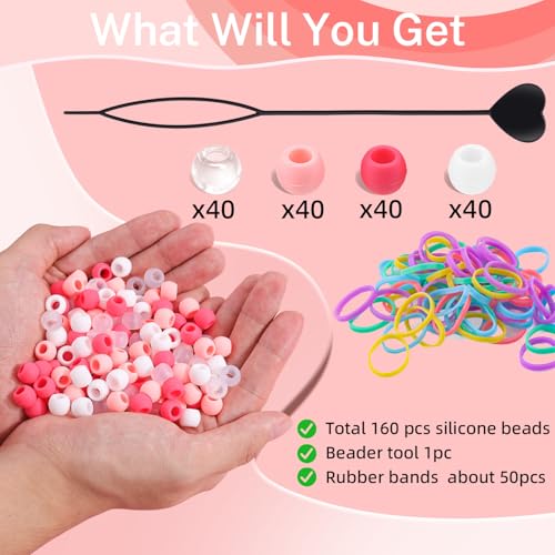160Pcs 10mm Small Silicone Beads for Hair Braids, Soft Jellyish Pony Hair Beads with 5mm Hole + 50 Rubber Bands and 1 Beader for Braiding, DIY Bracelets Necklaces Crafts (Light Pink) - color: Light Pink Mix-160Pcs