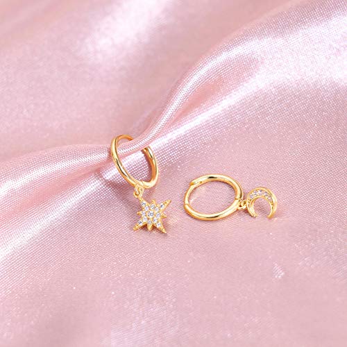 MILACOLATO 925 Sterling Silver Hoop Earrings for Women 18K Gold/Rhodium Plated Drop Dangle Hoop Earrings with Charms Cross Spike Moon Star Paperclip Link Statement Earrings Convertible Link Huggie Earrings Hypoallergenic - color: Gold Tone : Moon Star Ear