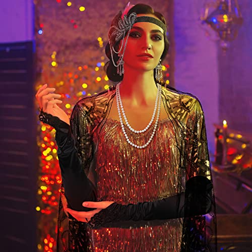 Zhanmai 5 Pcs 1920s Flapper Accessories for Women Roaring 20s Headpiece Shawl Necklace Earring Gloves - color: Black Gold, style: Retro