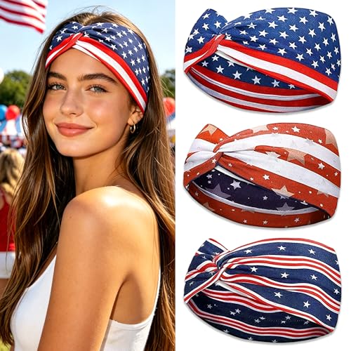 3Pcs 4th of July Headbands for Women USA Flag Star Hair Bands Accessories Elastic Non-Slip Hair Bandana Headbands Yoga Sport Workout Hair Scarf Accessories for Girls - color: Red+White+Blue+STAR