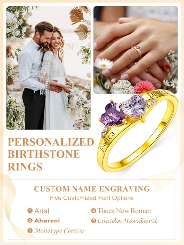Custom4U Personalized 1-4 Birthstone Rings for Women Promise Rings for Her Sterling Silver Mothers Ring Customized Cubic Zirconia Stones Wedding/Valentine's Day/Mother's Day Jewelry Gift for Mom Wife - color: A-2 Names-Gold