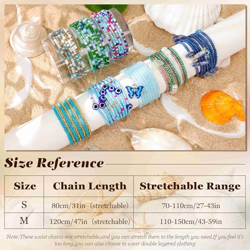 8PCS African Waist Bead Chains for Women Layered Belly Body Chain Handmade Plus Size Beaded Belly Chain Colorful Elastic Flower Butterfly Body Chains Summer Beach Bikini Body Jewelry 31-45in - style: Set C